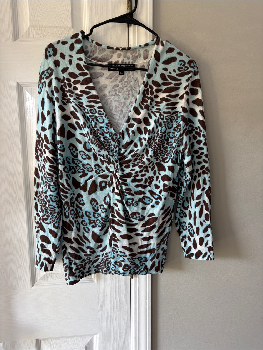 V-Neck Twist Front Animal Print Tunic in Light Blue and Brown